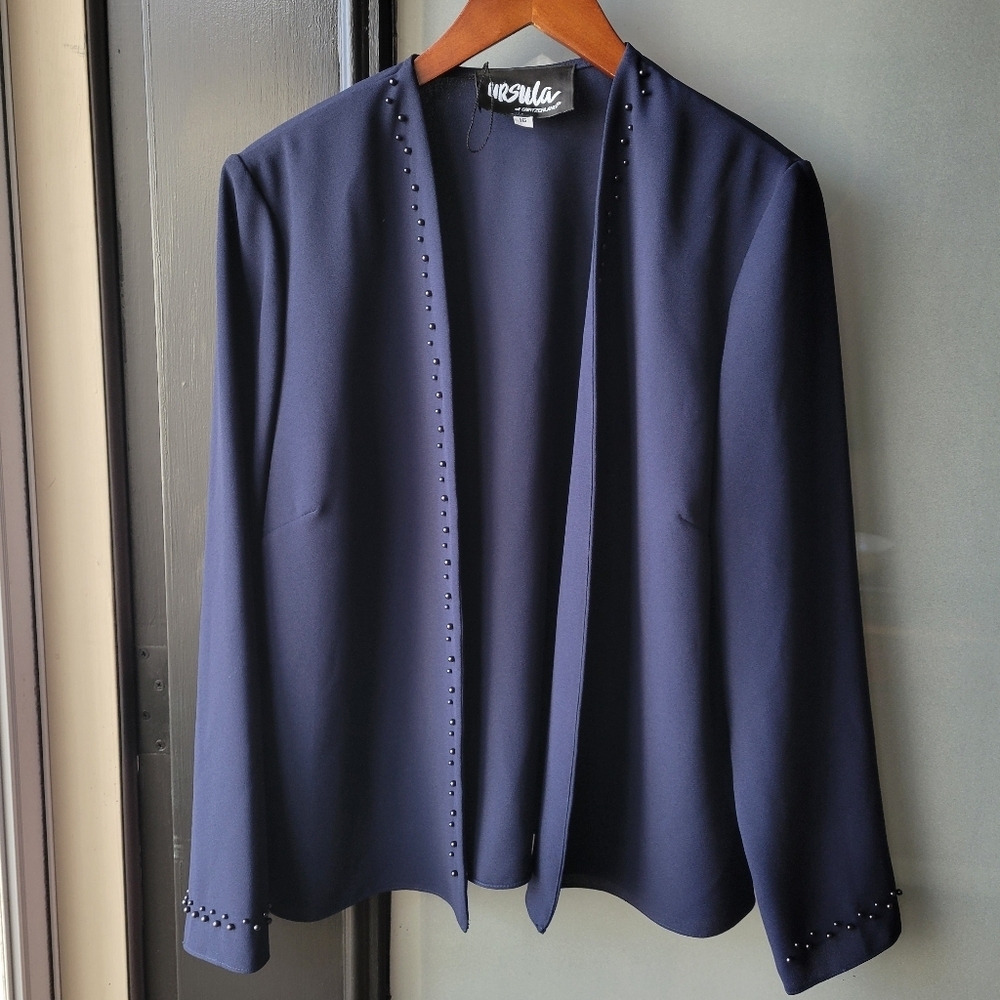 Navy Blue Beaded Open-front Blazer by Ursula of Switzerland Size 16 Made in USA - Picture 2 of 13